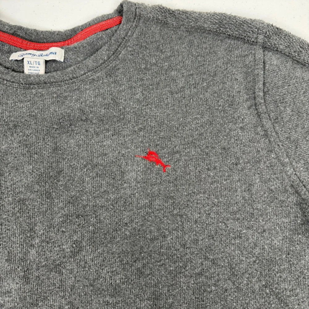 Tommy Bahama Mens XL Gray Textured Knit Long Sleeve Crewneck Sweater Marlin Logo